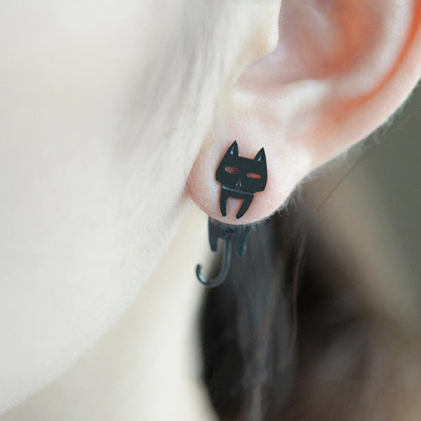 Cat & Fish Silver Stud Earrings - Meowaish
