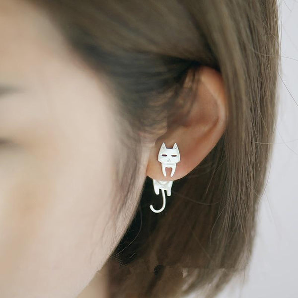 Cat & Fish Silver Stud Earrings - Meowaish