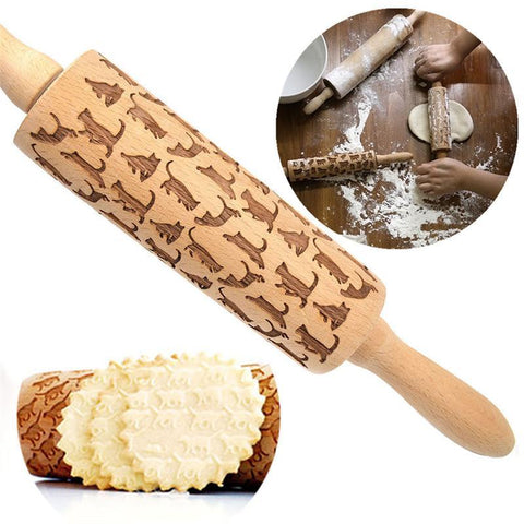 Cat Pattern Wooden Rolling Pin Dough Roller Baking Tool - Meowaish