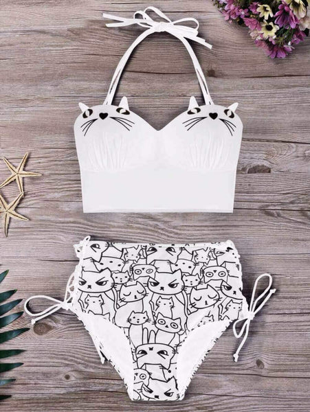 Cute Cat Faces Bikini Swimsuit - Meowaish