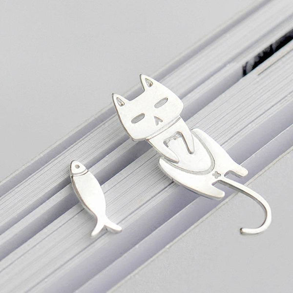 Cat & Fish Silver Stud Earrings - Meowaish