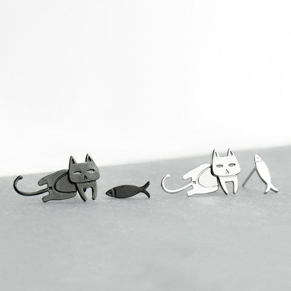Cat & Fish Silver Stud Earrings - Meowaish