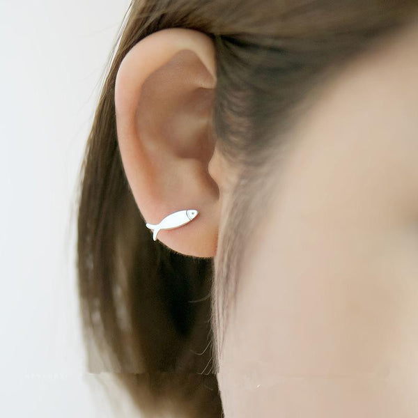 Cat & Fish Silver Stud Earrings - Meowaish
