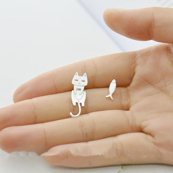 Cat & Fish Silver Stud Earrings - Meowaish