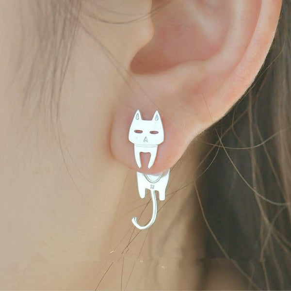Cat & Fish Silver Stud Earrings - Meowaish